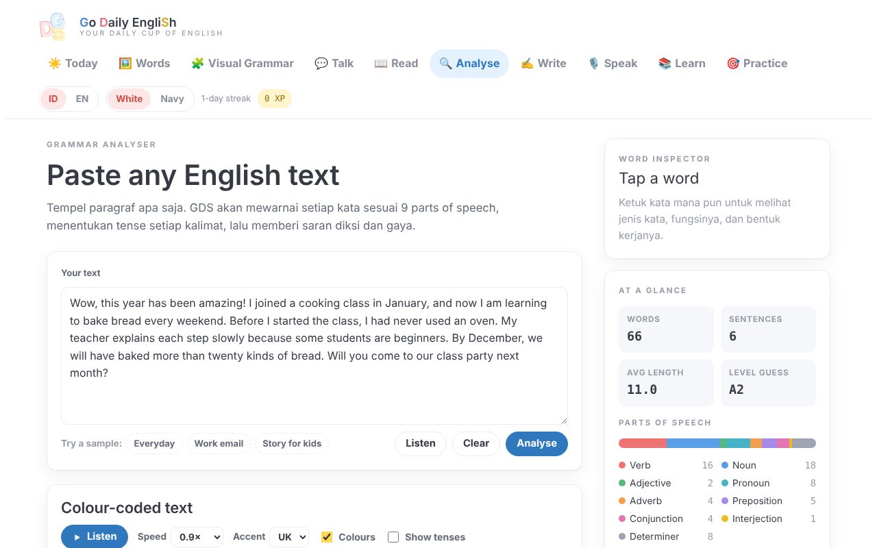Analyse: tempel teks, lihat grammar-nya berwarna
